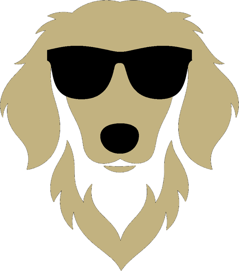 Dogleg Dads Co. logo: a long-haired dachshund wearing black sunglasses, on a green medallion with a tan ring.
